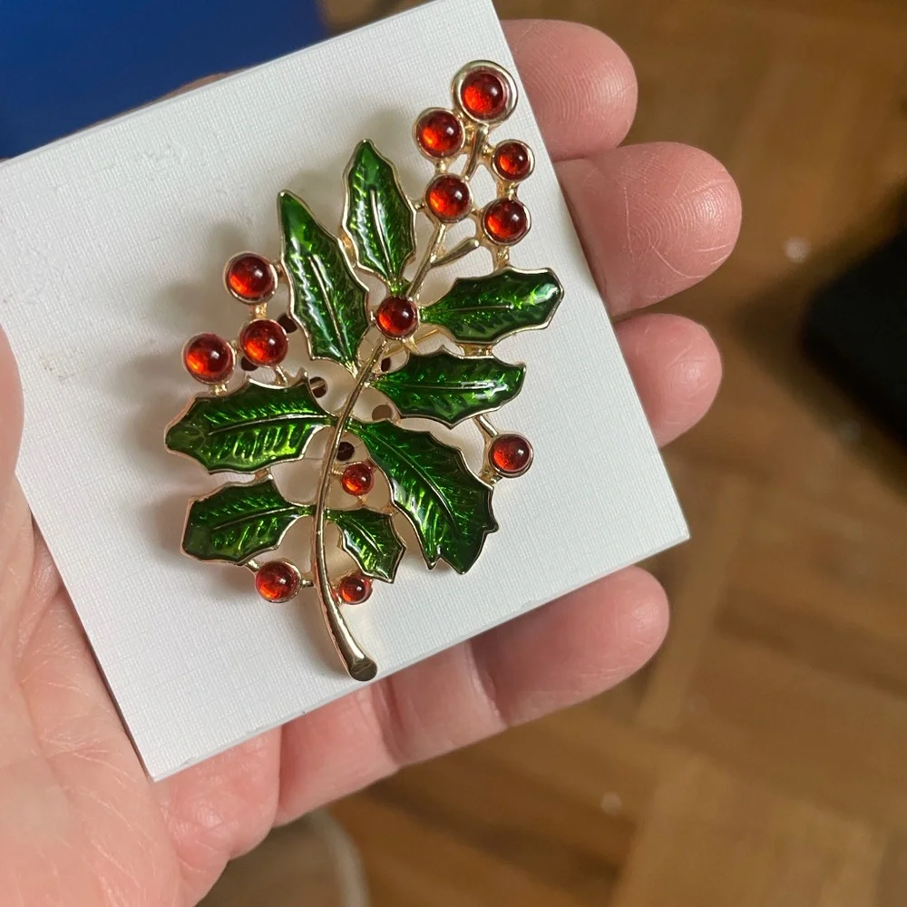 Brooch Holiday Holly Leaf Brooch with Red Berry Accents new tag